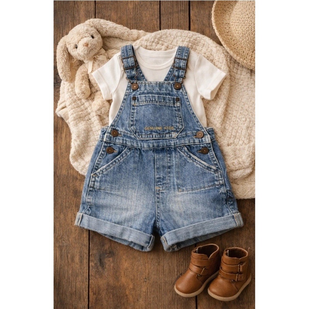 Genuine kids Oshkosh Denim Short Overalls Baby 12m Farmhouse‎ Cute